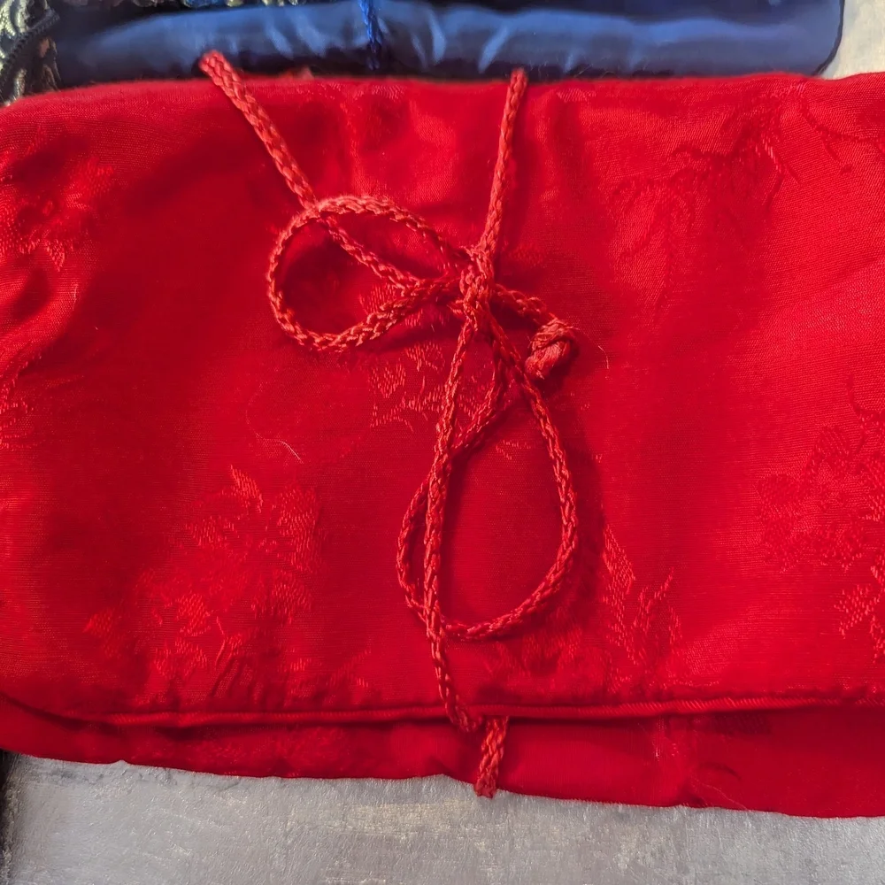 Asian 3 Silky Jewelry Travel Pouches Set Tie String Embroidery